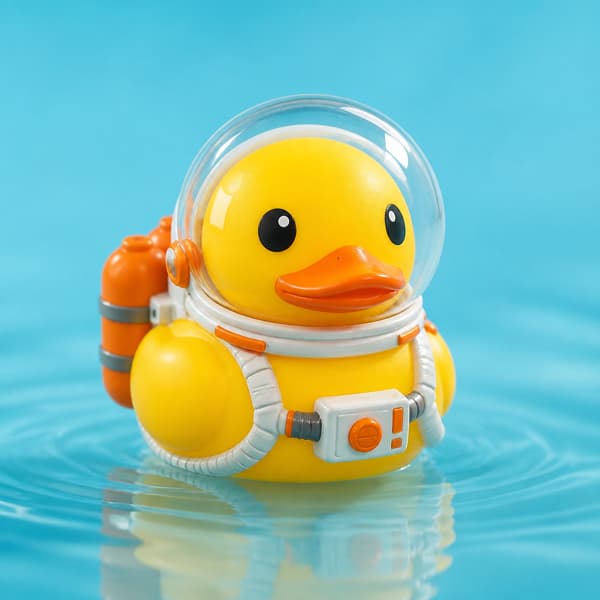 Yellow plastic astronaut duck with a clear bubble helmet