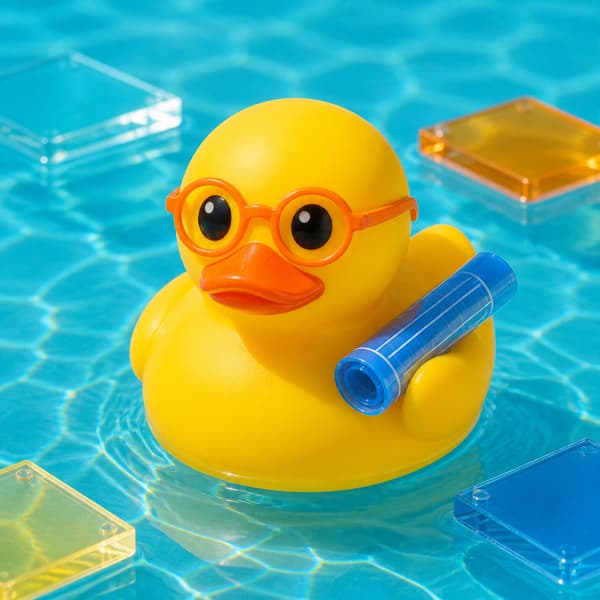 Yellow plastic designer duck with glasses and a blueprint roll