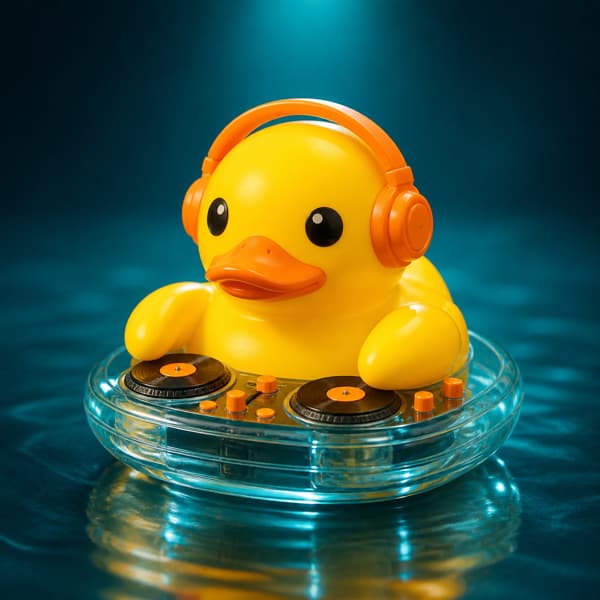 Yellow plastic DJ duck with orange headphones