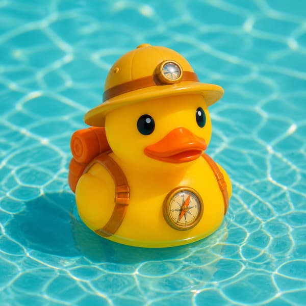 Yellow plastic explorer duck with a compass badge in turquoise water