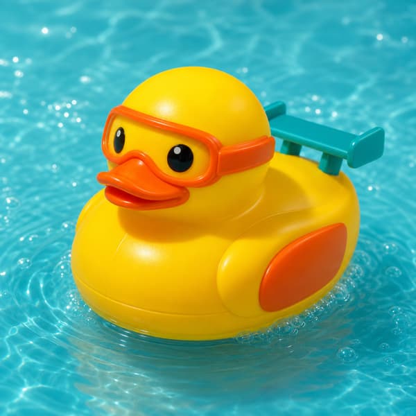 Yellow plastic racing duck with goggles and a teal spoiler