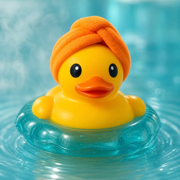 Yellow plastic spa duck with a towel wrap and bath float